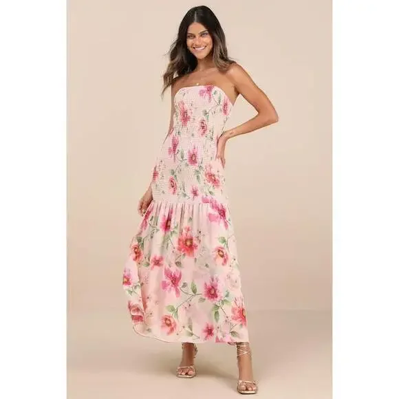 Lulus | Dresses | Lulus Balbina Beige Floral Smocked Drop Waist Maxi Dress  Size M | Poshmark